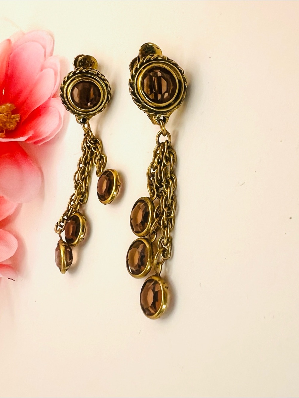 Gold-Tone Yellow stone Dangle screw on Earrings